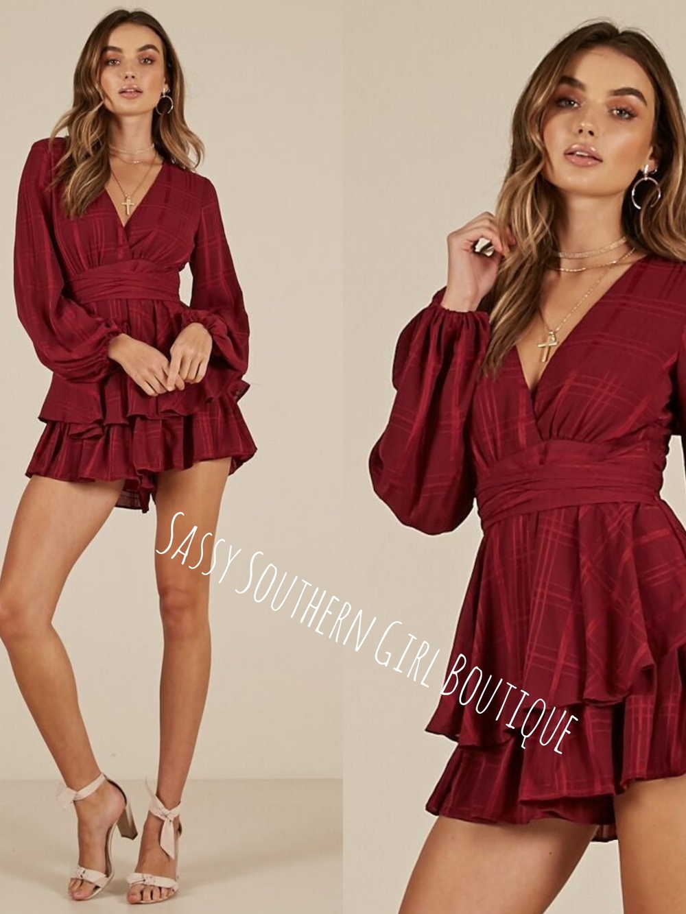 🆕⭐Wine Red Long-Sleeve Romper